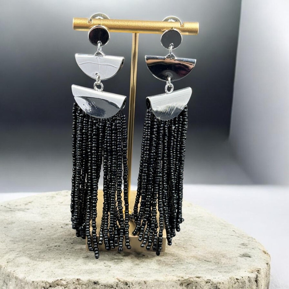 Silver Black Beaded Fringe Tassel Earrings Gothic Boho Statement Festival Drop